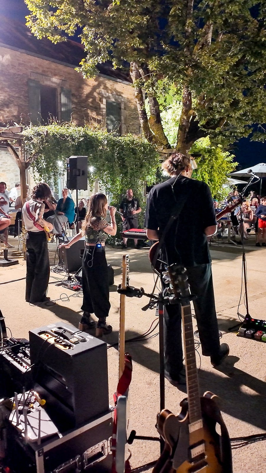 Concert en plein air dans un jardin éclairé.