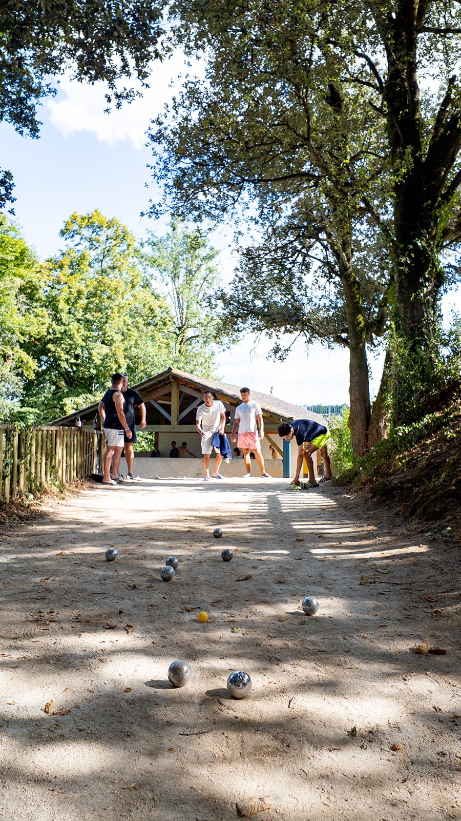 Jeu de pétanque en plein air sous les arbres.